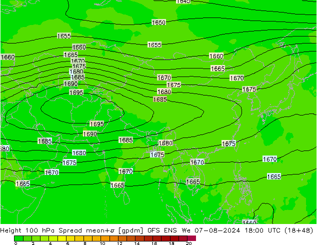 Hoogte 100 hPa Spread GFS ENS wo 07.08.2024 18 UTC