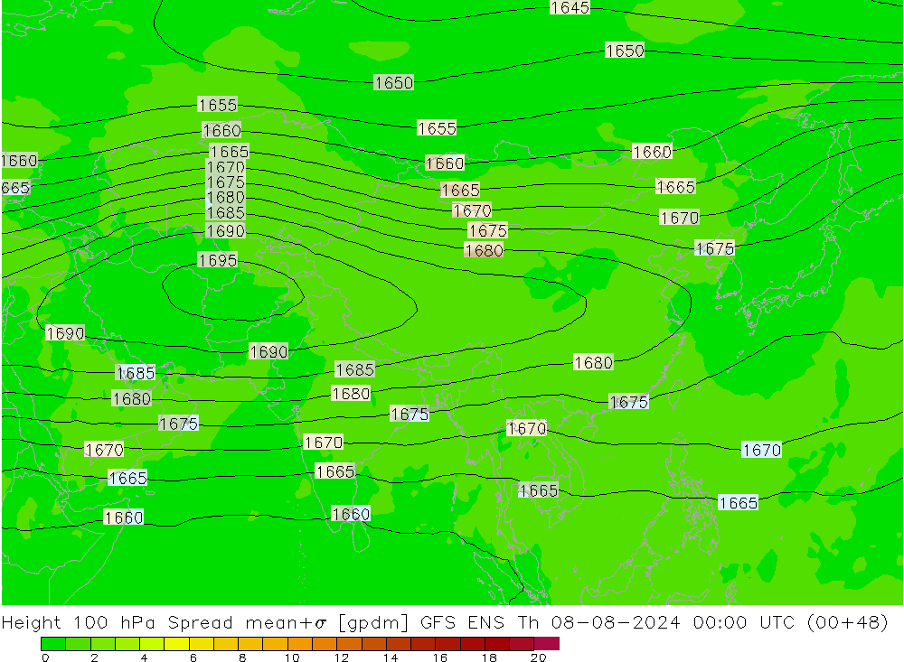 Hoogte 100 hPa Spread GFS ENS do 08.08.2024 00 UTC