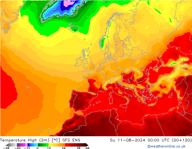 Max.temperatuur (2m) GFS ENS zo 11.08.2024 00 UTC