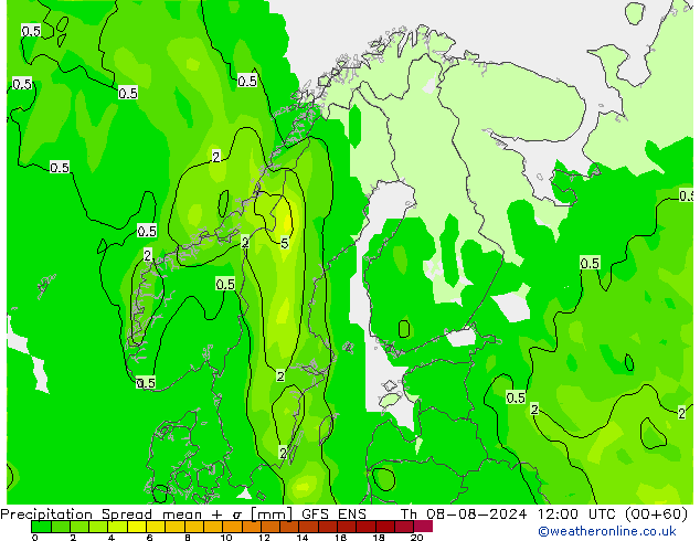 降水 Spread GFS ENS 星期四 08.08.2024 12 UTC