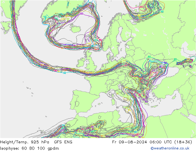 Hoogte/Temp. 925 hPa GFS ENS vr 09.08.2024 06 UTC