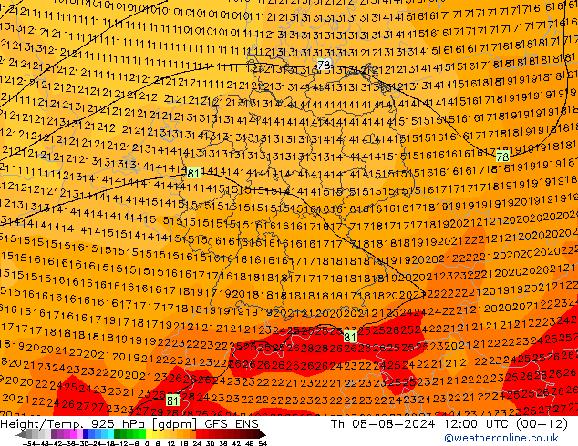 Hoogte/Temp. 925 hPa GFS ENS do 08.08.2024 12 UTC