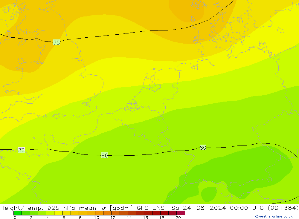 Hoogte/Temp. 925 hPa GFS ENS za 24.08.2024 00 UTC