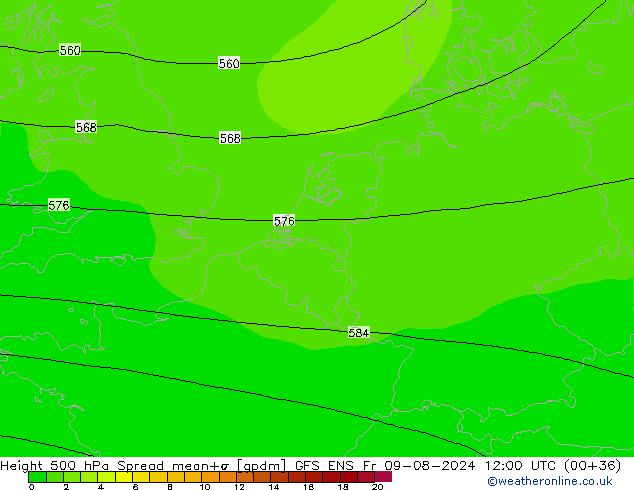 Height 500 hPa Spread GFS ENS 星期五 09.08.2024 12 UTC