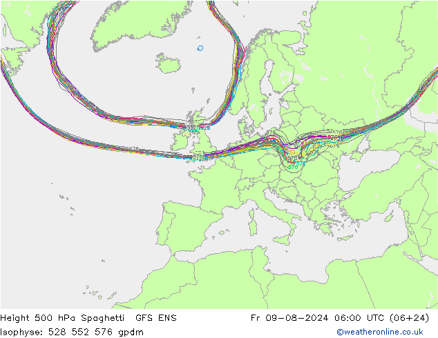 Hoogte 500 hPa Spaghetti GFS ENS vr 09.08.2024 06 UTC