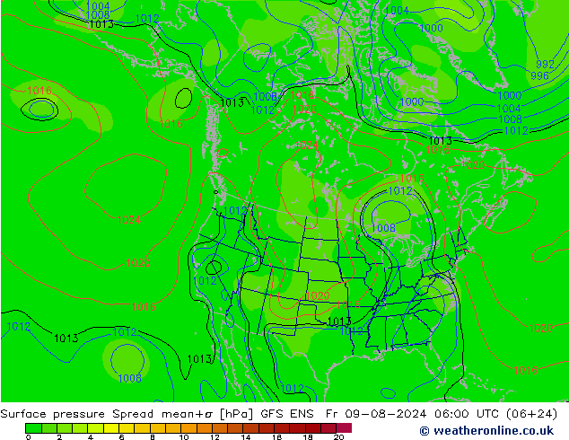 Luchtdruk op zeeniveau Spread GFS ENS vr 09.08.2024 06 UTC