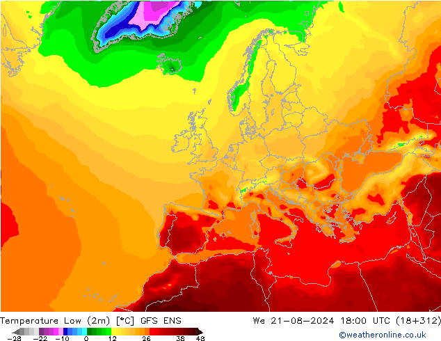 Min.temperatuur (2m) GFS ENS wo 21.08.2024 18 UTC