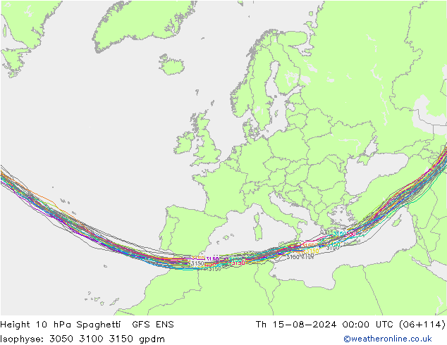 Hoogte 10 hPa Spaghetti GFS ENS do 15.08.2024 00 UTC