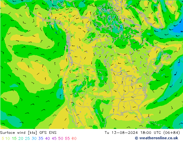 风 10 米 GFS ENS 星期二 13.08.2024 18 UTC