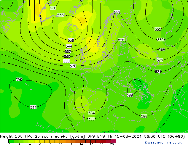 Height 500 hPa Spread GFS ENS 星期四 15.08.2024 06 UTC