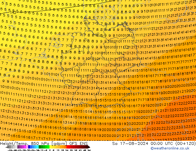 Hoogte/Temp. 850 hPa GFS ENS za 17.08.2024 00 UTC