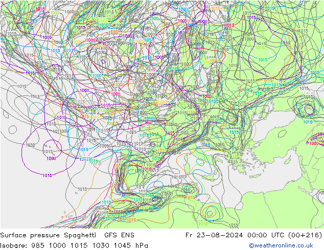 Luchtdruk op zeeniveau Spaghetti GFS ENS vr 23.08.2024 00 UTC