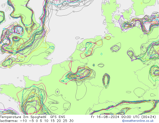 Temperatuurkaart Spaghetti GFS ENS vr 16.08.2024 00 UTC