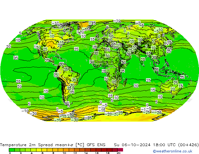 température 2m Spread GFS ENS dim 06.10.2024 18 UTC