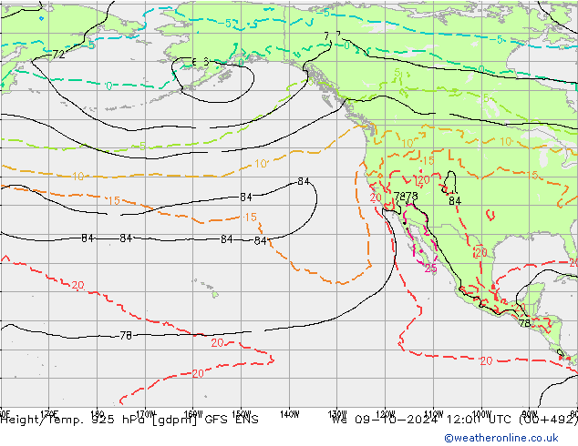 Height/Temp. 925 hPa GFS ENS Qua 09.10.2024 12 UTC