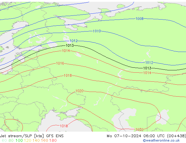 Jet stream/SLP GFS ENS Mo 07.10.2024 06 UTC