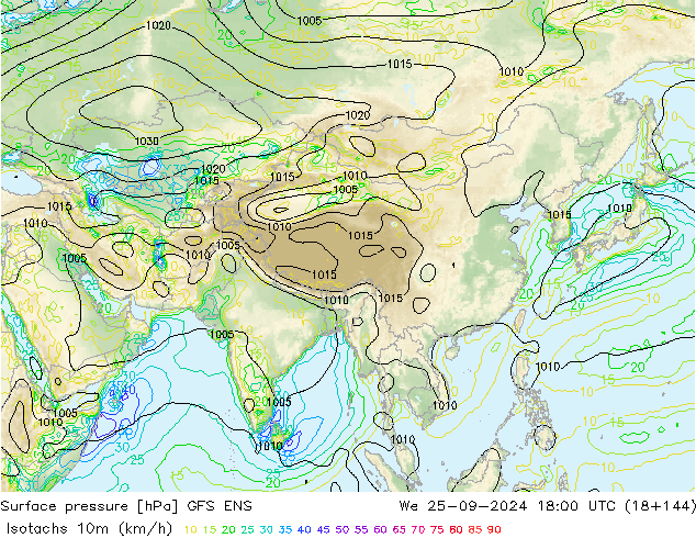 Isotachs (kph) GFS ENS  25.09.2024 18 UTC