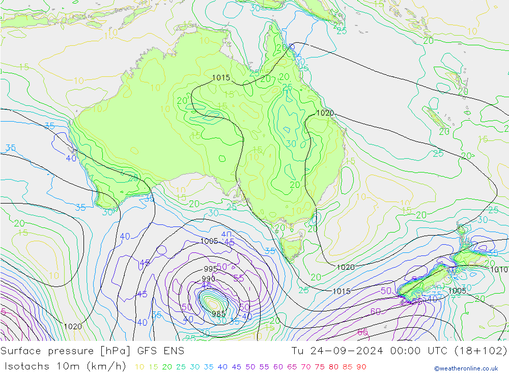 Isotachs (kph) GFS ENS Ter 24.09.2024 00 UTC