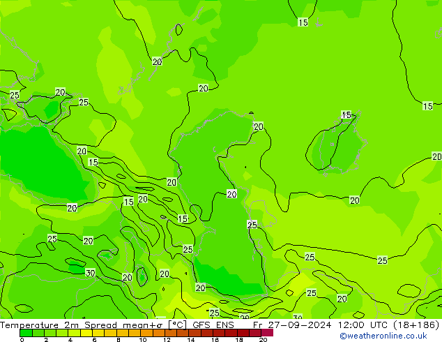 température 2m Spread GFS ENS ven 27.09.2024 12 UTC