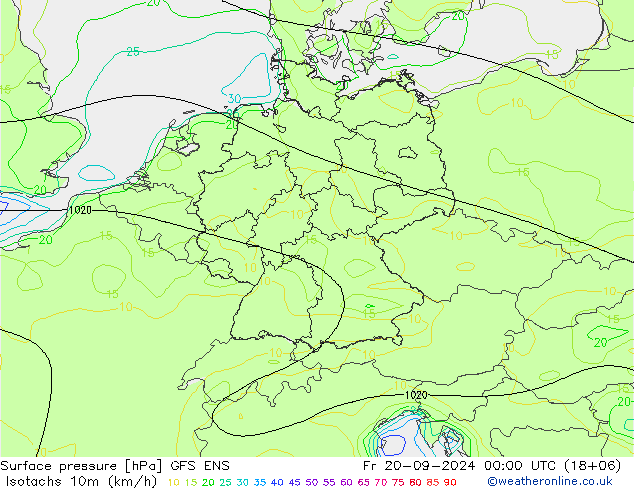 Isotachs (kph) GFS ENS ven 20.09.2024 00 UTC