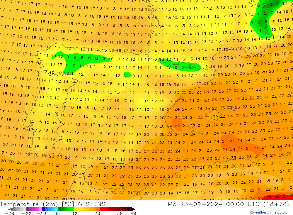 Temperature (2m) GFS ENS Mo 23.09.2024 00 UTC