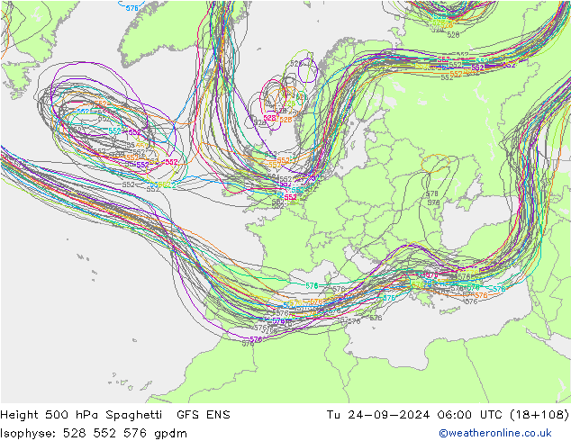 Height 500 hPa Spaghetti GFS ENS Tu 24.09.2024 06 UTC