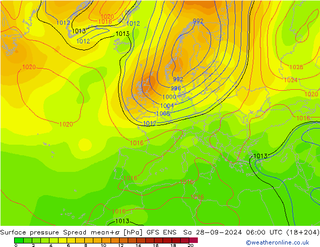 Atmosférický tlak Spread GFS ENS So 28.09.2024 06 UTC