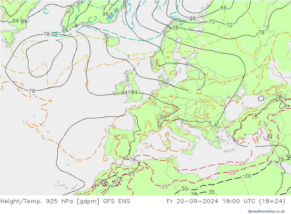 Height/Temp. 925 hPa GFS ENS Fr 20.09.2024 18 UTC