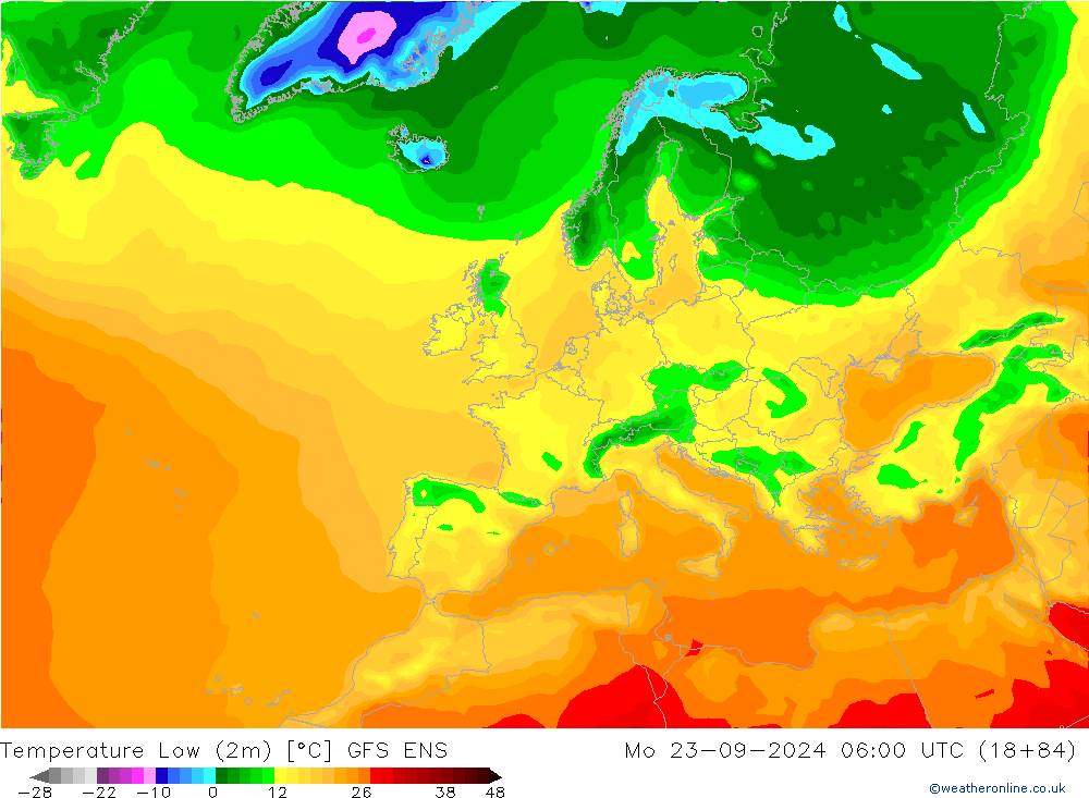 Nejnižší teplota (2m) GFS ENS Po 23.09.2024 06 UTC