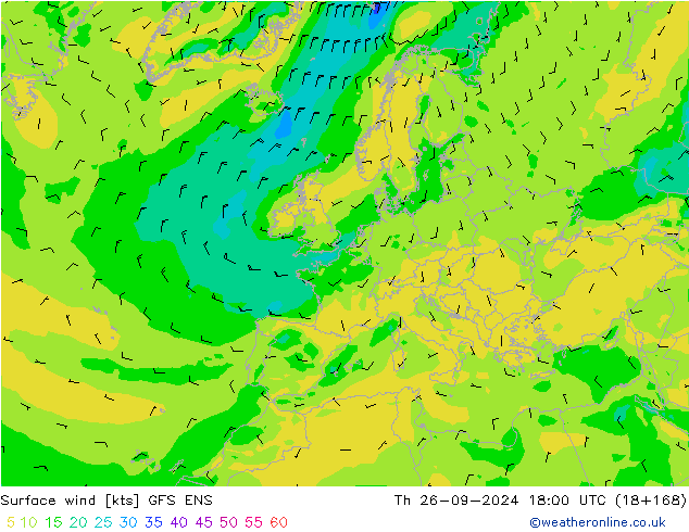 wiatr 10 m GFS ENS czw. 26.09.2024 18 UTC