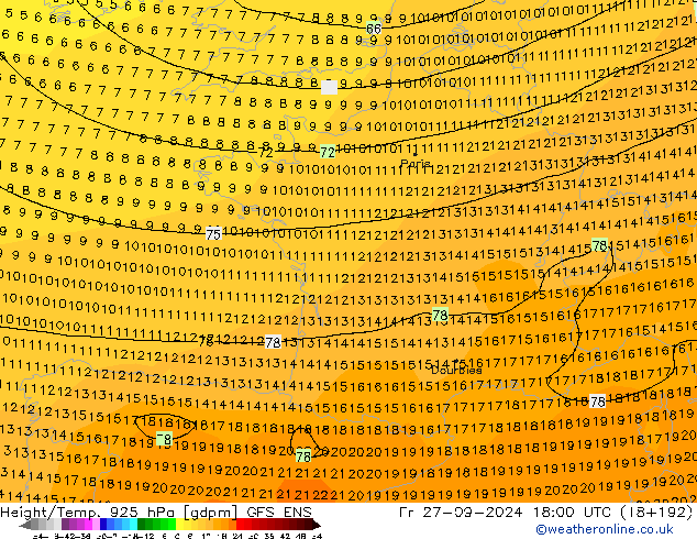 Height/Temp. 925 hPa GFS ENS  27.09.2024 18 UTC