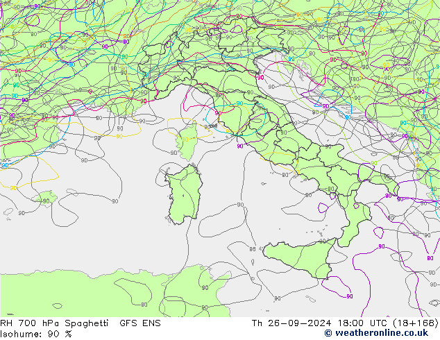 RH 700 hPa Spaghetti GFS ENS  26.09.2024 18 UTC