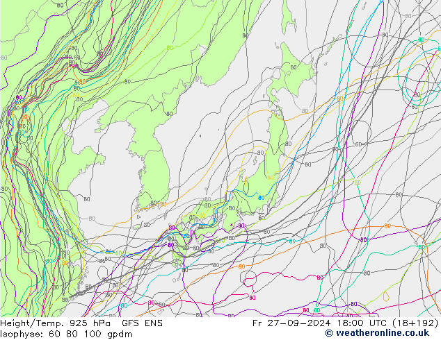 Height/Temp. 925 hPa GFS ENS  27.09.2024 18 UTC