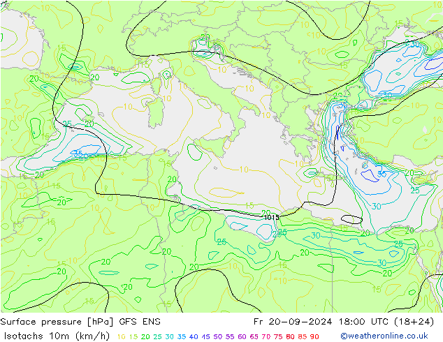 Eşrüzgar Hızları (km/sa) GFS ENS Cu 20.09.2024 18 UTC