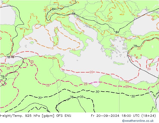 Yükseklik/Sıc. 925 hPa GFS ENS Cu 20.09.2024 18 UTC