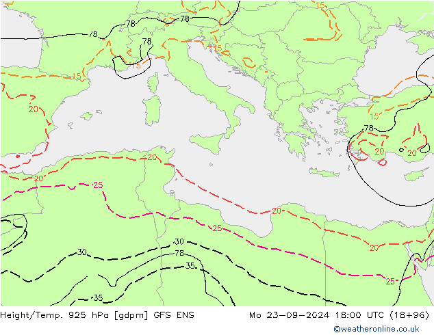 Géop./Temp. 925 hPa GFS ENS lun 23.09.2024 18 UTC