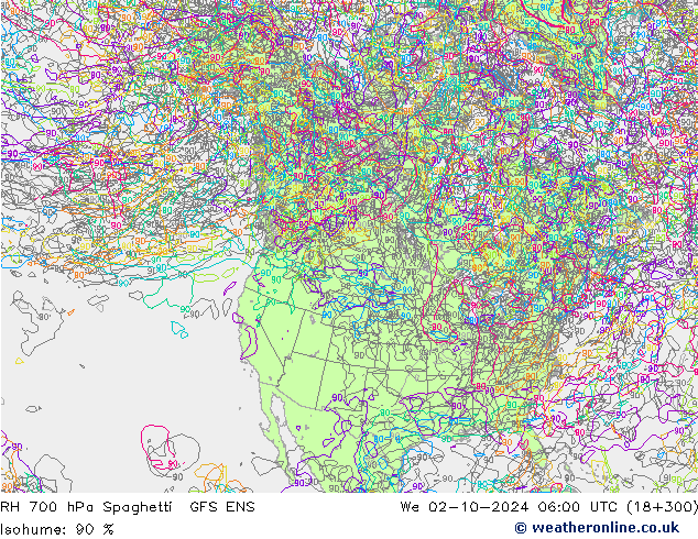 RH 700 hPa Spaghetti GFS ENS mer 02.10.2024 06 UTC