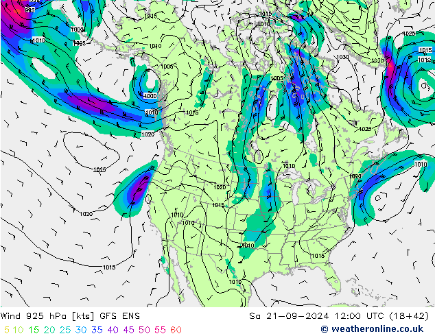 Vent 925 hPa GFS ENS sam 21.09.2024 12 UTC