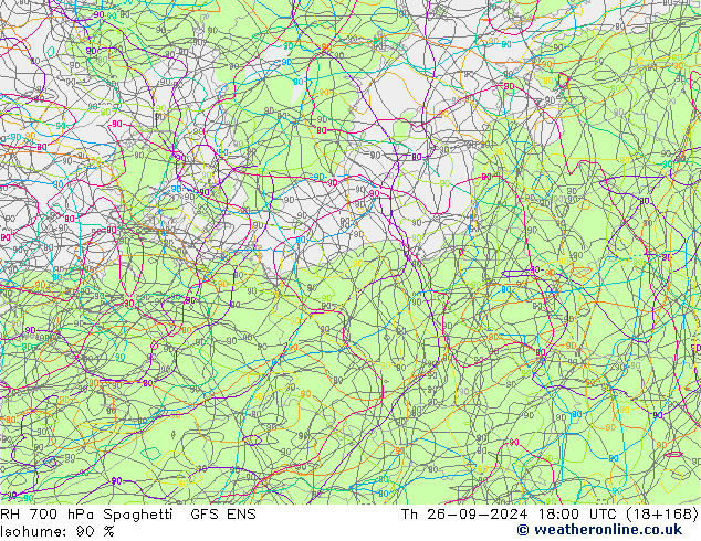 RH 700 hPa Spaghetti GFS ENS Th 26.09.2024 18 UTC