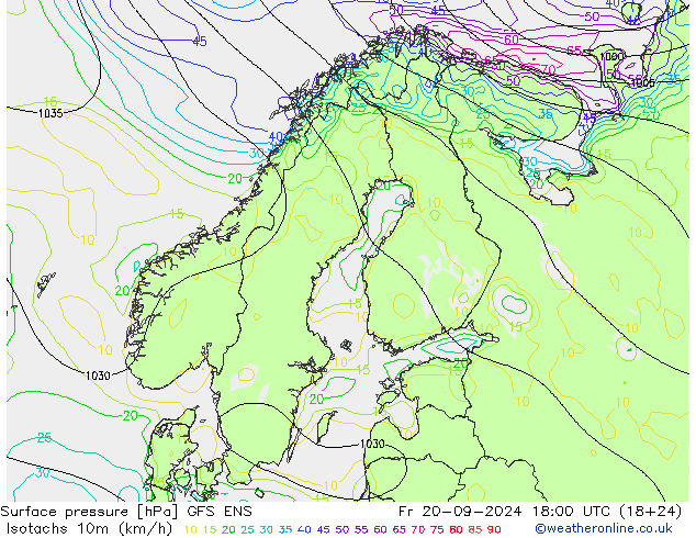 Isotachen (km/h) GFS ENS Fr 20.09.2024 18 UTC