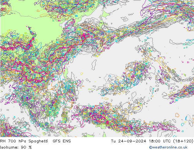 RH 700 hPa Spaghetti GFS ENS Tu 24.09.2024 18 UTC