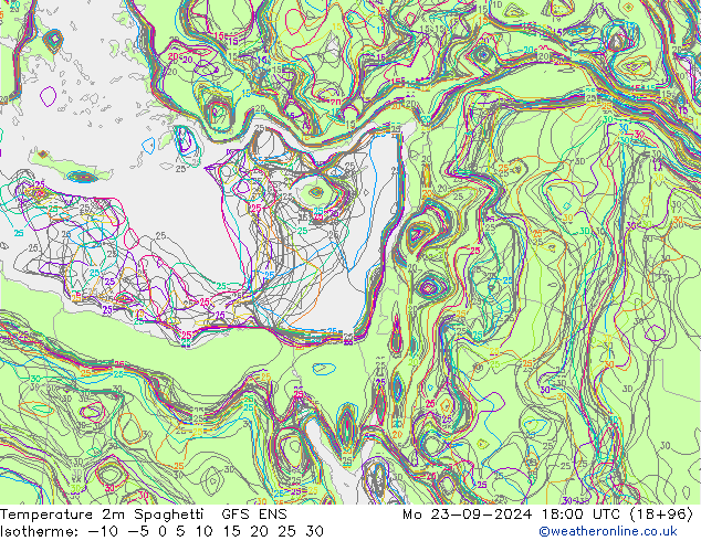 Temperature 2m Spaghetti GFS ENS Mo 23.09.2024 18 UTC