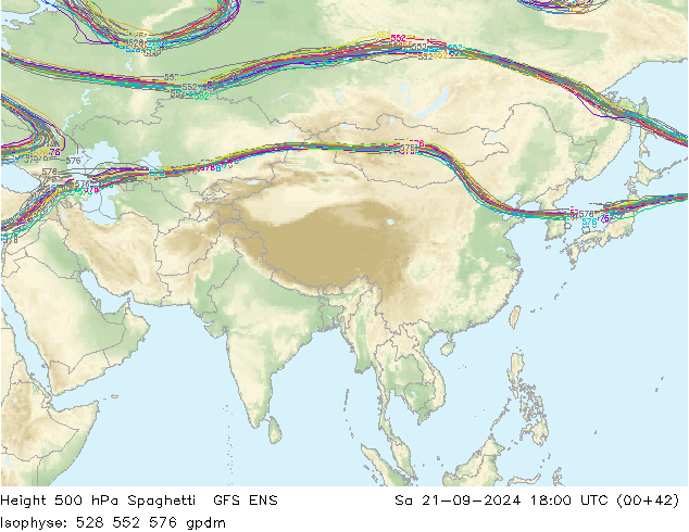 Height 500 hPa Spaghetti GFS ENS So 21.09.2024 18 UTC