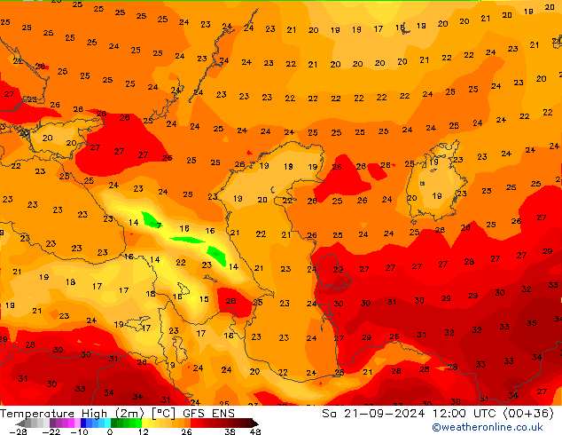 température 2m max GFS ENS sam 21.09.2024 12 UTC