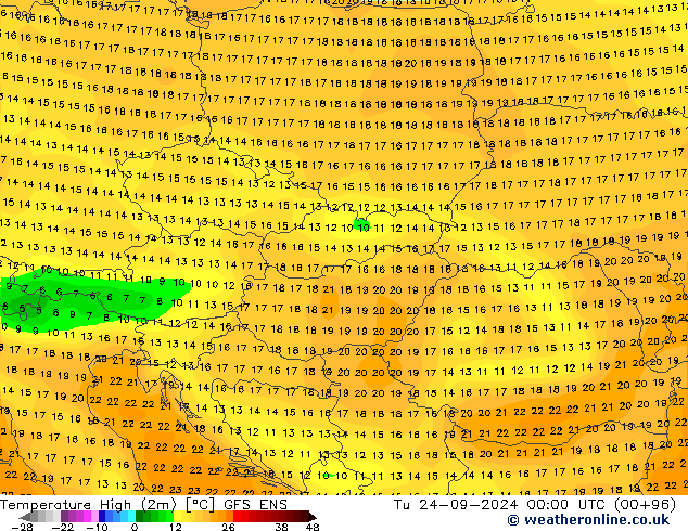 Nejvyšší teplota (2m) GFS ENS Út 24.09.2024 00 UTC