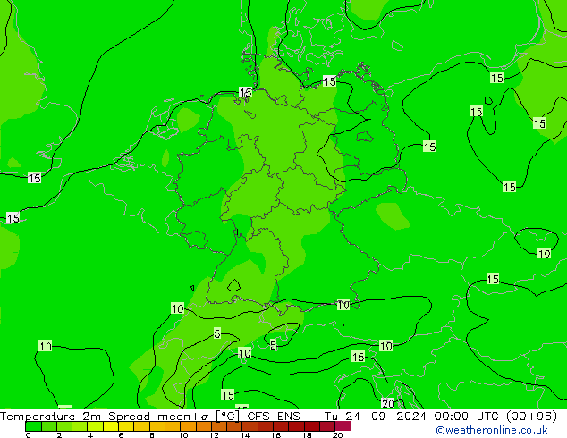 Temperatura 2m Spread GFS ENS Ter 24.09.2024 00 UTC