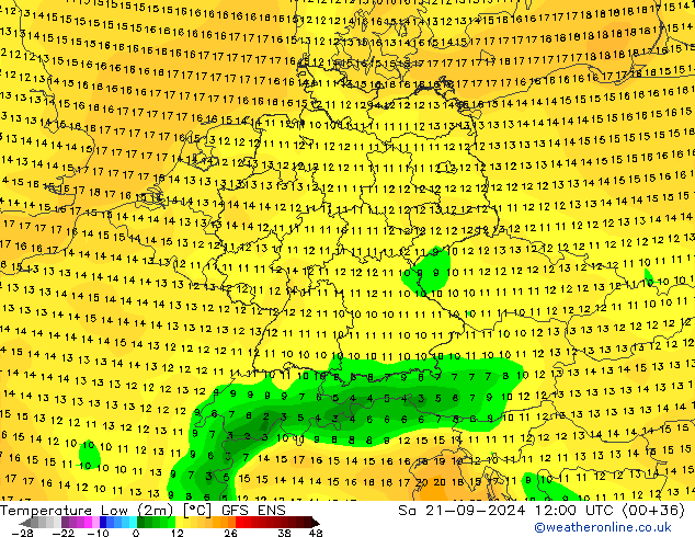 Temperatura mín. (2m) GFS ENS sáb 21.09.2024 12 UTC