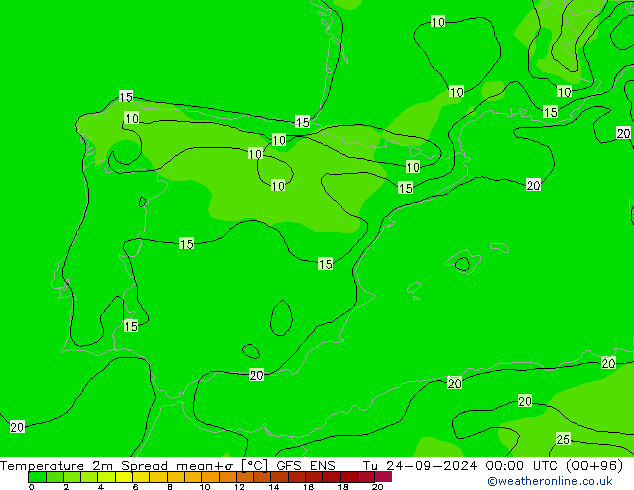 Temperatura 2m Spread GFS ENS mar 24.09.2024 00 UTC