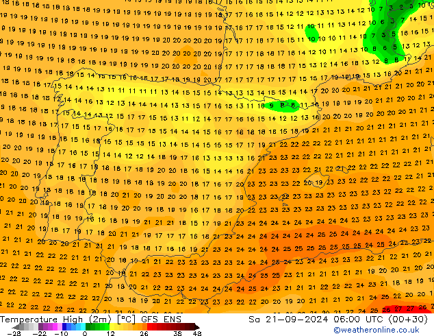 Max.temperatuur (2m) GFS ENS za 21.09.2024 06 UTC