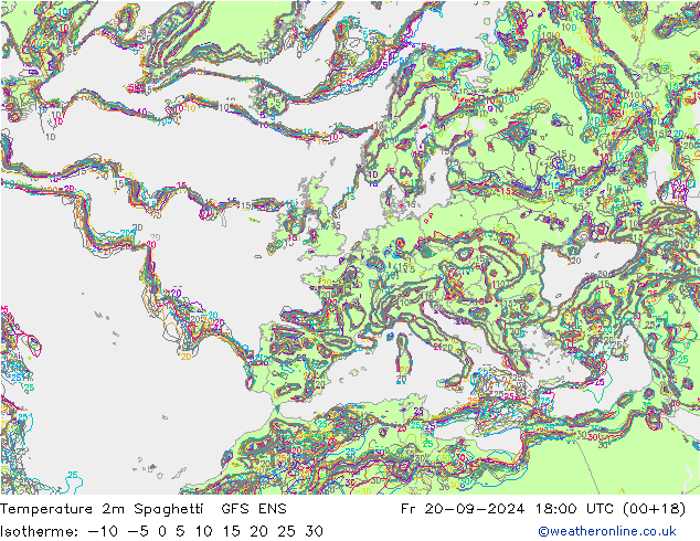 Temperatura 2m Spaghetti GFS ENS ven 20.09.2024 18 UTC